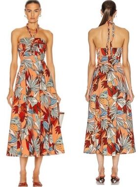 NWT NICHOLAS Tina deco Floral Rope Halter Dress Maxi Denim Boho Luxe Size 6